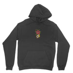 image of a black pullover hoodie on a white background. hoodie has a small print in the center of the chest of a red rose, with green leaves and yellow banner wrapped around the stem that says being as an ocean