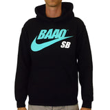 image of a man wearing a black pullover hoodie on a white background. hoodie has a full chest print above the pouch pocket in teal that says B A O O with a Nike Swoosh below and the letters S B in white on the right.