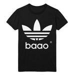 image of a black tee shirt on a white background. tee has a full chest print in white of the adidas symbol with three rounded points and three stripes and the letters B A O O at the bottom.