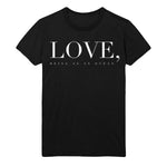 image of a black tee shirt on a white background. tee has a full chest print in white that says LOVE, being as an ocean