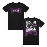 image of the front and back of a black tee shirt on a white background. front is on the left and has a center chest print in purple death metal font that says being as an ocean. back is on the right and has full print in white of a face, and then purple death metal font that says being as an ocean