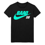 image of a black tee shirt on a white background. tee has a full chest print in teal that says B A O O with a Nike Swoosh below and the letters S B in white on the right.