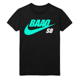 image of a black tee shirt on a white background. tee has a full chest print in teal that says B A O O with a Nike Swoosh below and the letters S B in white on the right.
