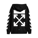 image of the back of a black pullover hoodie on a white background. the hoodie has a full back print in white of a rectangle across the shoulders and a big X below and white lines on each sleeve