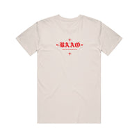 image of the front of a natural colored tee shirt on a white background. tee has a small center chest print in red of the letters B A A O. 