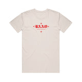 image of the front of a natural colored tee shirt on a white background. tee has a small center chest print in red of the letters B A A O. 