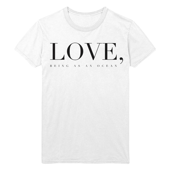 image of a white tee shirt on a white background. tee has a full chest print in black that says LOVE, being as an ocean
