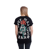 image of the back of a blonde white woman wearing a black tee shirt on a white background. the tee  has a full back print of a skeleton hand holding a red rose with the words our love was lost arched around and the letters B A O O at the bottom.