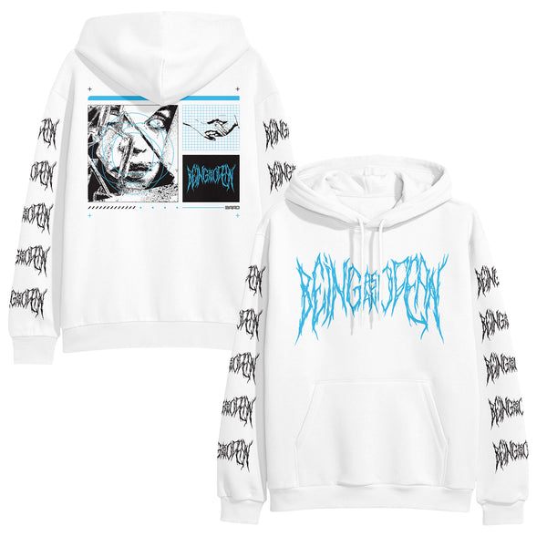 image of the front and back of a white pullover hoodie on a white background. front is on the right and has a center chest print in blue that says being as an ocean. each sleeve has repeating black print that says being as an ocean. back is on the left and has a print of a face, shaking hands and being as an ocean