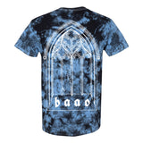 image of the back of a blue crystal wash tie dye tee shirt on a white background. the back of the shirt  has a full back print in white of an arched window with the letters B A O O at the bottom.