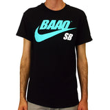 image of a man from the neck down wearing a black tee shirt on a white background. tee has a full chest print in teal that says B A O O with a Nike Swoosh below and the letters S B in white on the right.