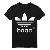 image of a black tee shirt on a white background. tee has a full chest print in white of the adidas symbol with three rounded points and three stripes and the letters B A O O at the bottom.