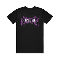 image of the front of a black tee shirt on a white background. tee  has a center chest print in purple death metal font that says being as an ocean. 