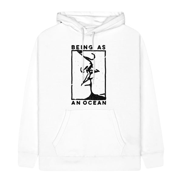 image of a white hoodie on a white background. hoodie has chest print in black above the pouch pocket of a rectangle with a close up of two faces embracing in a kiss. being as is written on the top, an ocean written on the bottom.
