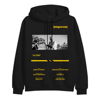 image of a black pullover hoodie on a white background. hoodie has full body print. in yellow at the top right says being as an ocean. below is a black and white image of a bald man opening a car door. below that says alone on the middle left and the band members names in yellow across the pouch pocket