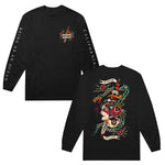 image of the front and back of a black long sleeve tee shirt on a white background. the front is on the left and has a small chest print on the right of a dagger with two red flowers on the side and a banner with being as an ocean written on it. left sleeve has white print that says being as an ocean and a right sleeve that says california. back of tee is on the right and has a tattoo flash art of a womans face with a dagger through it, a snake and roses. 