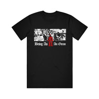 image of a black tee shirt on a white background. tee has center chest print in white of a collage of people, faces, cats, drawings. and a red grim reaper. at the bottom says being as an ocean