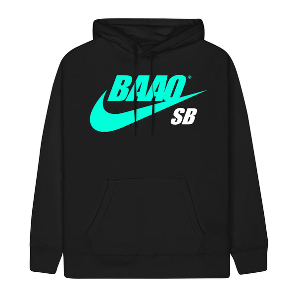 image of a black pullover hoodie on a white background. hoodie has a full chest print above the pouch pocket in teal that says B A O O with a Nike Swoosh below and the letters S B in white on the right.
