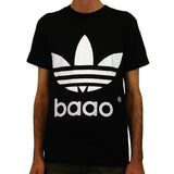 image of a man from the neck down wearing a black tee shirt on a white background.  tee has a full chest print in white of the adidas symbol with three rounded points and three stripes and the letters B A O O at the bottom.