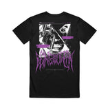 image of the back of a black tee shirt on a white background. tee  has full print in white of a face, and then purple death metal font that says being as an ocean